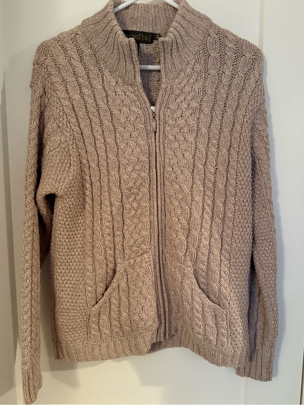 Inis Crafts 100% Merino Wool Irish Cable Knit Zip Cardigan M